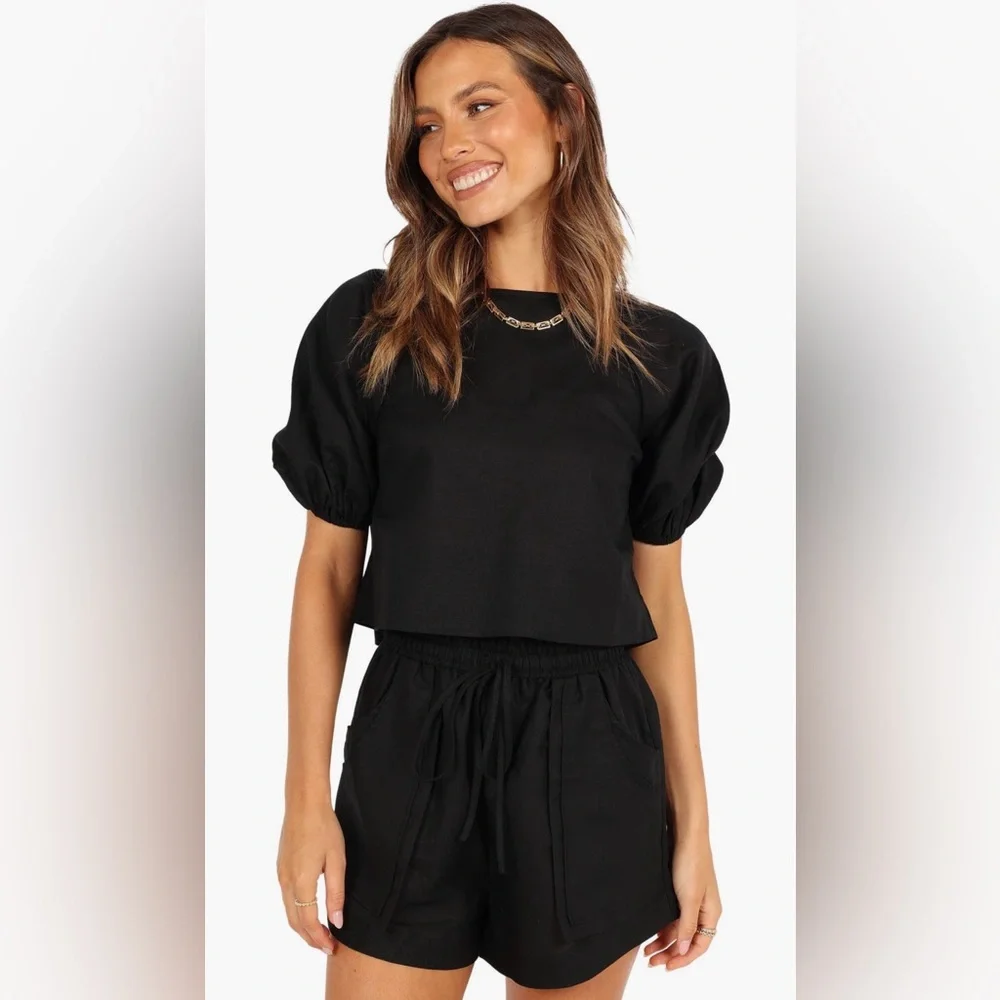 Petal & Pup Chelsey Linen Shirt & Shorts 2 Piece Set Black Women's Size 2 NWT